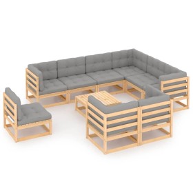 Set Salotto Giardino 10pz Cuscini Antracite Legno Massello Pino