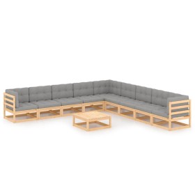 Set Salotto Giardino 10pz Cuscini Antracite Legno Massello Pino