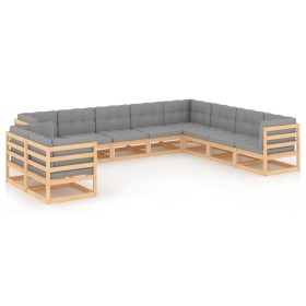 Set Salotto Giardino 10pz Cuscini Antracite Legno Massello Pino