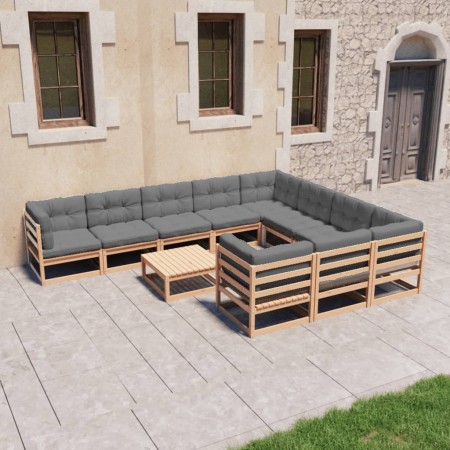 Set Divani Giardino 11 pz con Cuscini in Legno Massello di Pino