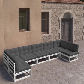 Set Salotto Giardino 7pz con Cuscini Bianco Legno Massello Pino