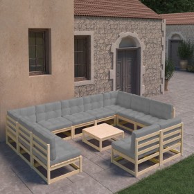 Set Divani Giardino 12 pz con Cuscini in Legno Massello di Pino