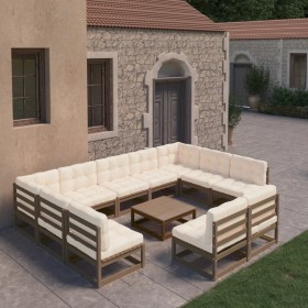 Set Divani da Giardino 10 pz Cuscini Miele in Massello di Pino