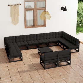 Set Divani da Giardino 13 pz con Cuscini Massello di Pino Nero