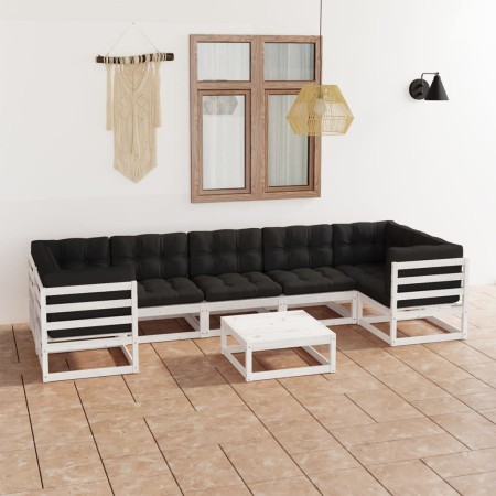 Set Salotto Giardino 8pz con Cuscini Bianco Legno Massello Pino