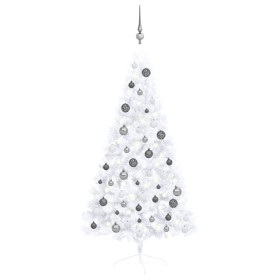 Albero di Natale a Metà Preilluminato con Palline Bianco 150 cm