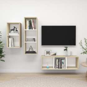 Set Mobili TV 3 pz Bianco e Rovere Sonoma in Legno Multistrato