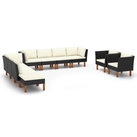 Set Divani da Giardino 10 pz Polyrattan Legno di Eucalipto Nero