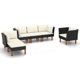 Set Divani da Giardino 6pz Polyrattan Legno di Eucalipto Nero