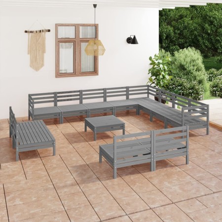 Set Salotto da Giardino 13 pz in Legno Massello di Pino Grigio