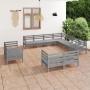 Set Salotto da Giardino 11 pz in Legno Massello di Pino Grigio