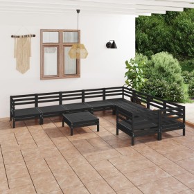 Set Salotto da Giardino 10 pz Nero in Legno Massello di Pino