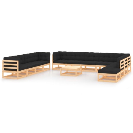 Set Salotto Giardino 13pz Cuscini Antracite Legno Massello Pino