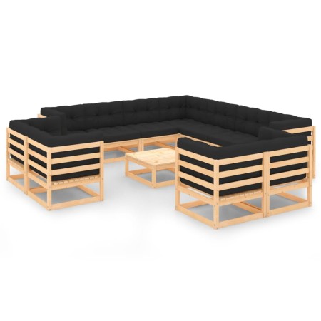 Set Salotto Giardino 12pz Cuscini Antracite Legno Massello Pino