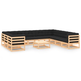 Set Salotto Giardino 11pz Cuscini Antracite Legno Massello Pino