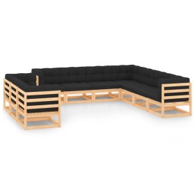 Set Salotto Giardino 10pz Cuscini Antracite Legno Massello Pino