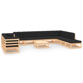 Set Salotto Giardino 12pz Cuscini Antracite Legno Massello Pino