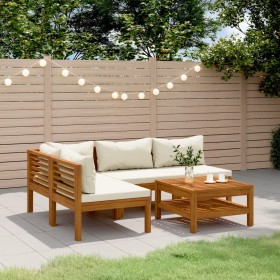 Set Divani da Giardino 5 pz con Cuscini Crema in Legno Acacia