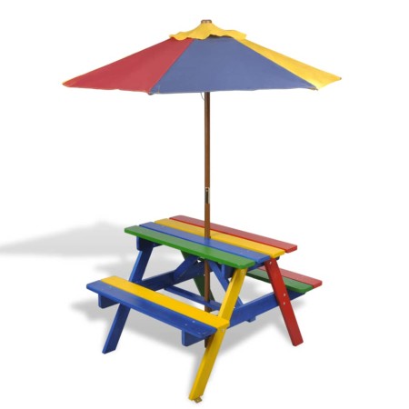 Tavolo e Panchine per Bambini con Parasole Legno Multicolore