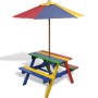 Tavolo e Panchine per Bambini con Parasole Legno Multicolore