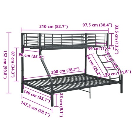 Letto a Castello Nero in Metallo 140x200 cm/90x200 cm