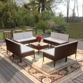 Set Divani da Giardino 9 pz con Cuscini in Polyrattan Marrone