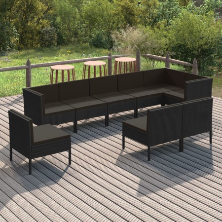 Set Divani da Giardino 9 pz con Cuscini in Polyrattan Nero