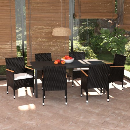 Set da Pranzo per Giardino 7 pz con Cuscini Polyrattan Nero