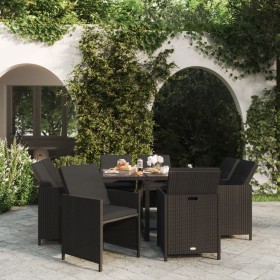 Set da Pranzo da Giardino 9 pz con Cuscini Nero in Polyrattan