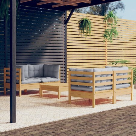 Set Divani da Giardino 5 pz con Cuscini Grigi Massello di Pino