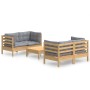 Set Divani da Giardino 5 pz con Cuscini Grigi Massello di Pino