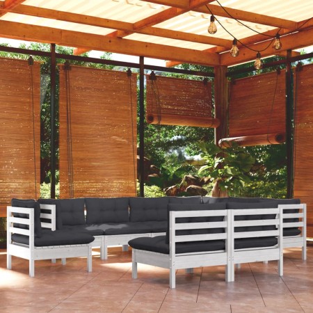 Set Divani da Giardino 9 pz con Cuscini Bianchi Legno di Pino