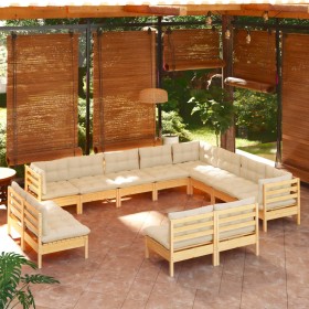 Set Divani da Giardino 12 pz con Cuscini Crema Massello di Pino