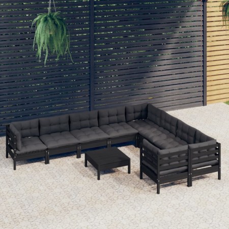 Set Divani da Giardino 10 pz con Cuscini Neri Legno di Pino