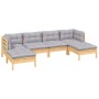 Set Divani da Giardino 6 pz con Cuscini Grigi Massello di Pino