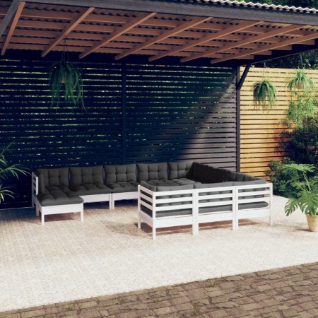 Set Divani da Giardino 11 pz con Cuscini Legno di Pino Bianco