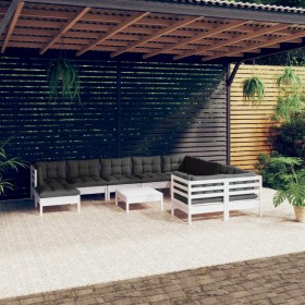 Set Divani da Giardino 11 pz con Cuscini Legno di Pino Bianco