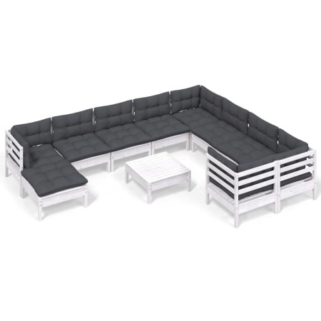 Set Divani da Giardino 11 pz con Cuscini Legno di Pino Bianco