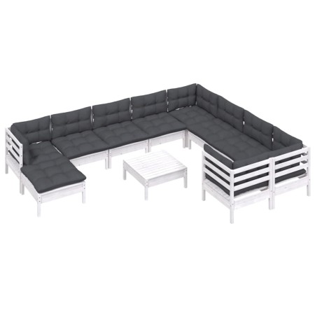 Set Divani da Giardino 11 pz con Cuscini Legno di Pino Bianco