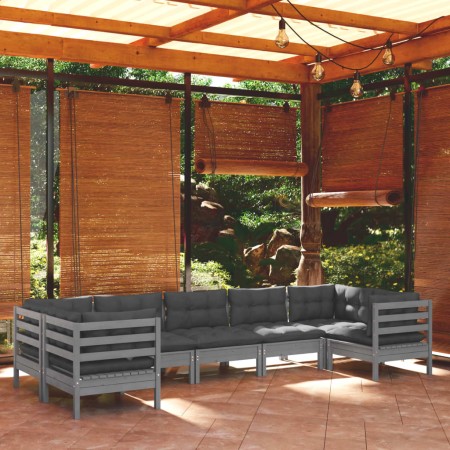 Set Divani da Giardino 7 pz con Cuscini Grigi Massello di Pino