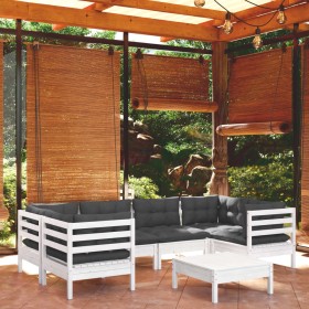 Set Divani da Giardino 7 pz con Cuscini Bianchi Legno di Pino