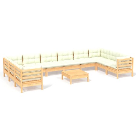 Set Divani da Giardino 11 pz con Cuscini Crema Massello di Pino