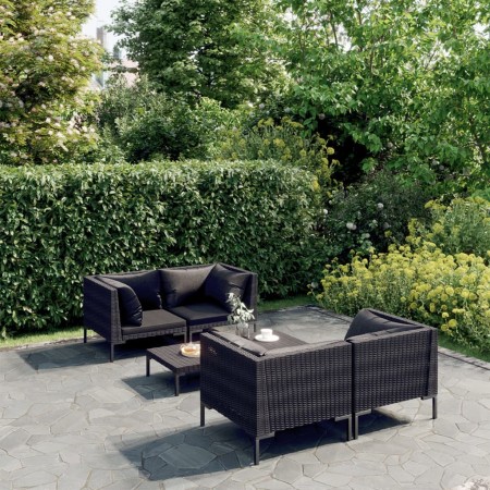 Divani da Giardino 5 pz con Cuscini in Polyrattan Grigio Scuro