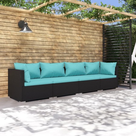 Set Divani da Giardino 4 pz con Cuscini in Polyrattan Nero