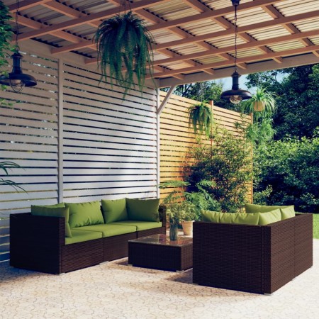 Set Divani da Giardino 6 pz con Cuscini in Polyrattan Marrone