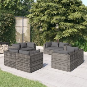 Set Divani da Giardino 8 pz con Cuscini in Polyrattan Grigio