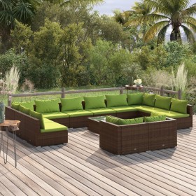 Set Divani da Giardino 13 pz con Cuscini in Polyrattan Marrone