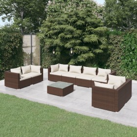 Set Divani da Giardino 9 pz con Cuscini in Polyrattan Marrone