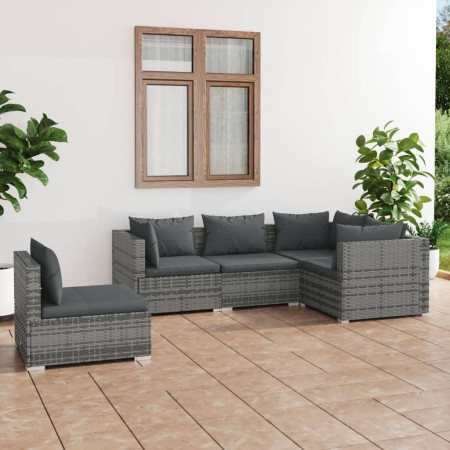 Set Divani da Giardino 5 pz con Cuscini in Polyrattan Grigio