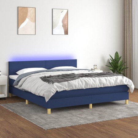 Letto a Molle con Materasso e LED Blu 160x200 cm in Tessuto